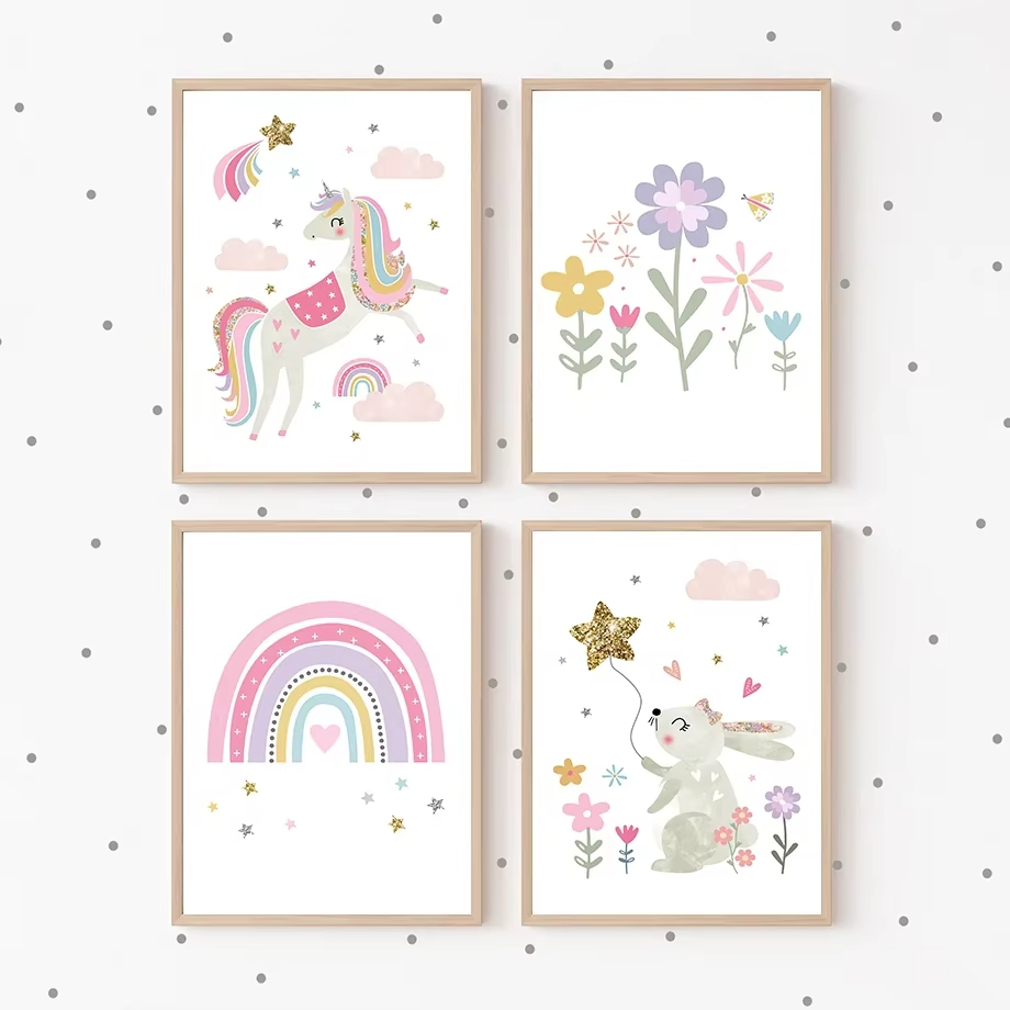 Baby Unicorn Nursery - Розовый Единорог Кролик Радуга Облако Цветок