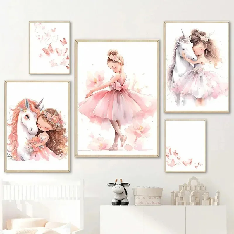 Baby Unicorn Nursery - Розовый постер с балериной, единорогом и