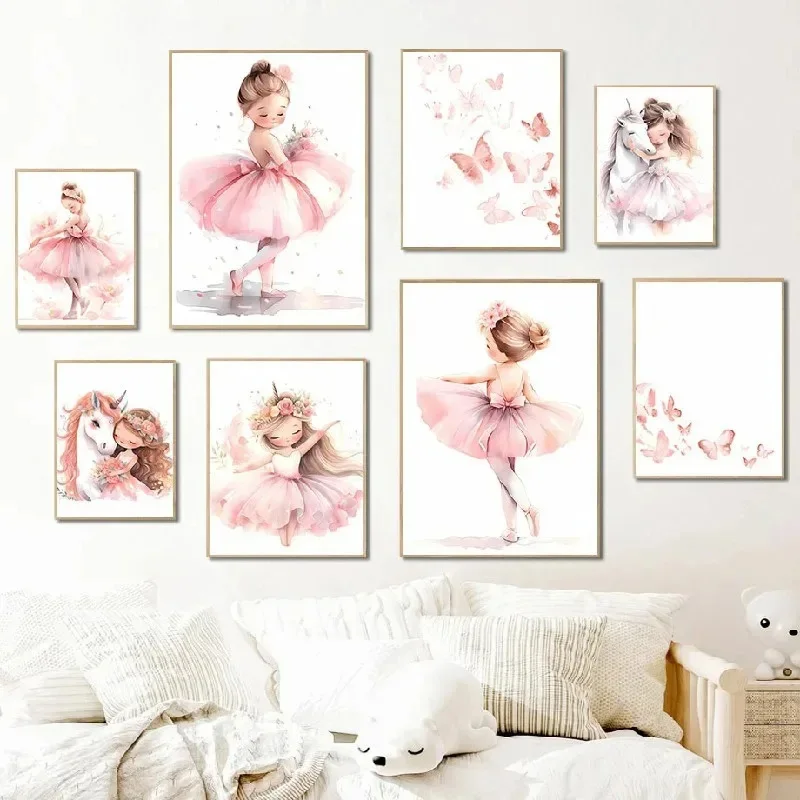Baby Unicorn Nursery - Розовый постер с балериной, единорогом и