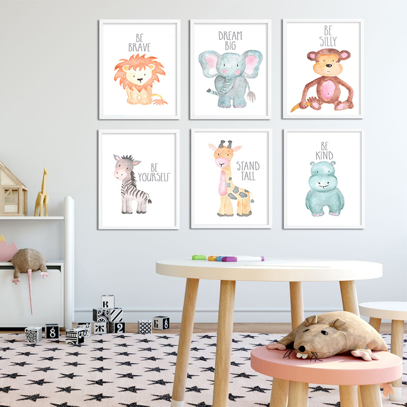Baby Nursery Mirror - Детские животные, лев, слон, жираф, холст,